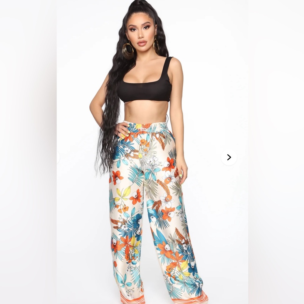 Fashion Nova Tropical Satin Floral Wide-Leg Pants